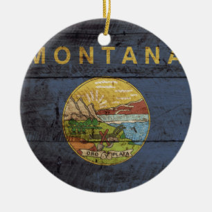 Montana Statlig flagga på Old Wood Grain Julgransprydnad Keramik