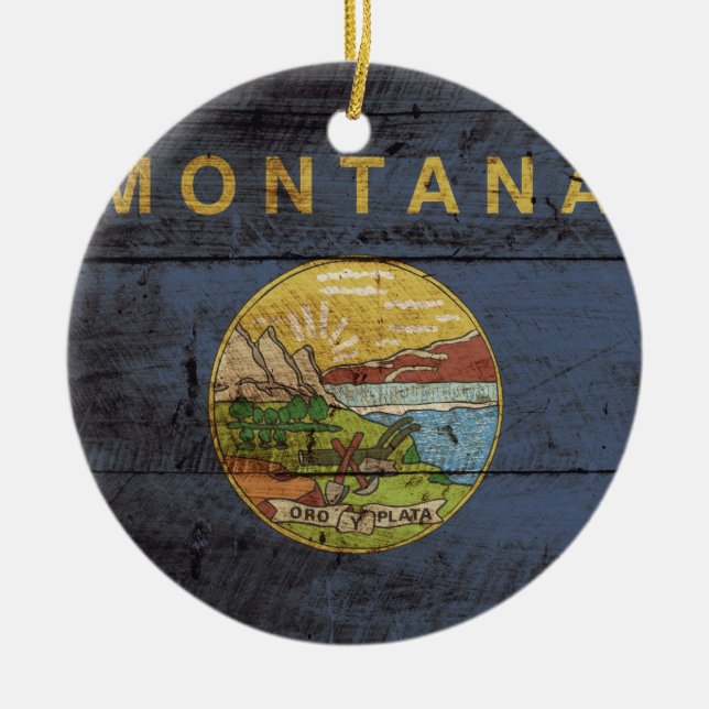 Montana Statlig flagga på Old Wood Grain Julgransprydnad Keramik (Framsidan)