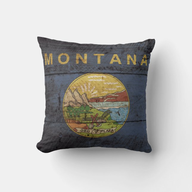 Montana Statlig flagga på Old Wood Grain Kudde (Framsida)