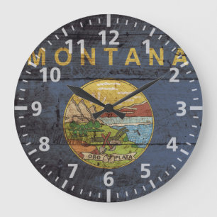 Montana Statlig flagga på Old Wood Grain Stor Klocka