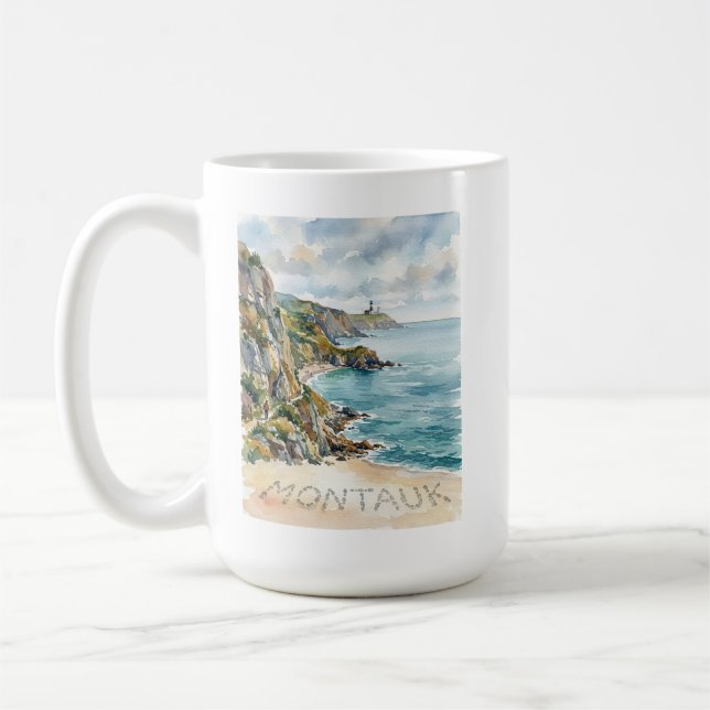 Montauk fyr akvarell strand scen sandig kaffemugg (Vänster)