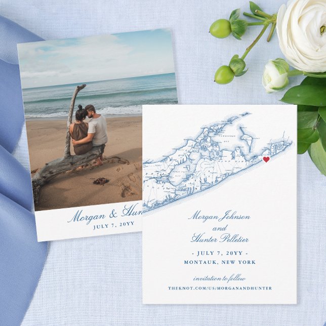 Montauk Karta Spara datum för en Hampton Bröllop Spara Datumet (Elegant Montauk Map Save the dates perfect for your navy blue destination wedding in the Hamptons)