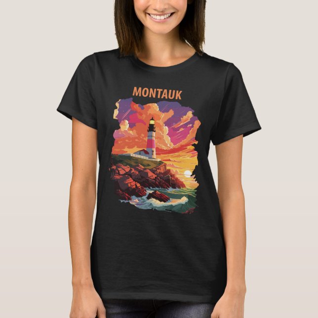 Montauk New York Fyrtorn Retro Resa T Shirt (Framsida)