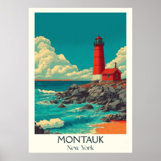 Montauk New York Vintage Lighthouse Beach Art Poster
