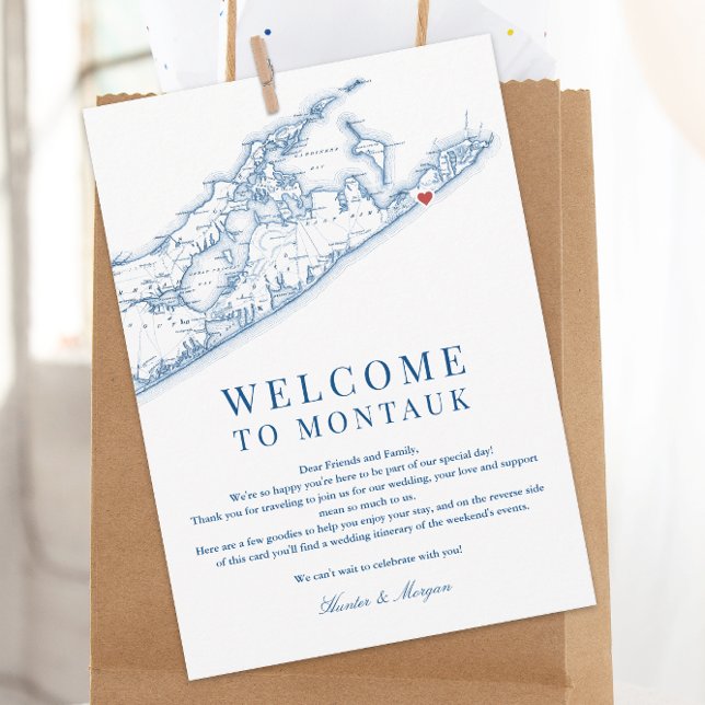 Montauk NY Karta Bröllop Välkomstblått Brev Tack Kort (Montauk NY Map Wedding Welcome letter and weekend events itinerary for an elegant navy blue wedding )