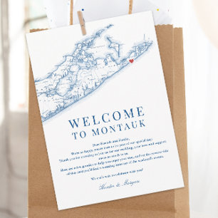 Montauk NY Karta Bröllop Välkomstbrev Marinblå Tack Kort