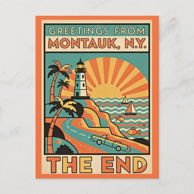 Montauk NY The End Retro Resor Vykort (Framsida)