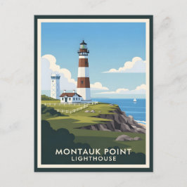 Montauk Point Fyren, kustklippa & segelbåt Vykort
