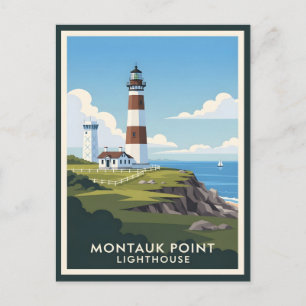 Montauk Point Fyren, kustklippa & segelbåt Vykort