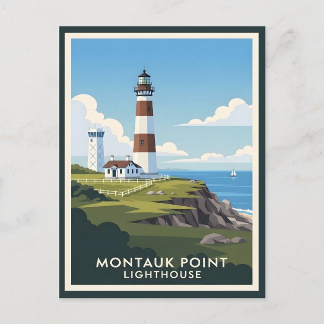 Montauk Point Fyren, kustklippa & segelbåt Vykort (Framsida)
