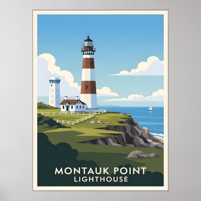 Montauk Point Fyrtorn, Kustklippa & Segelbåt Poster (Framsidan)