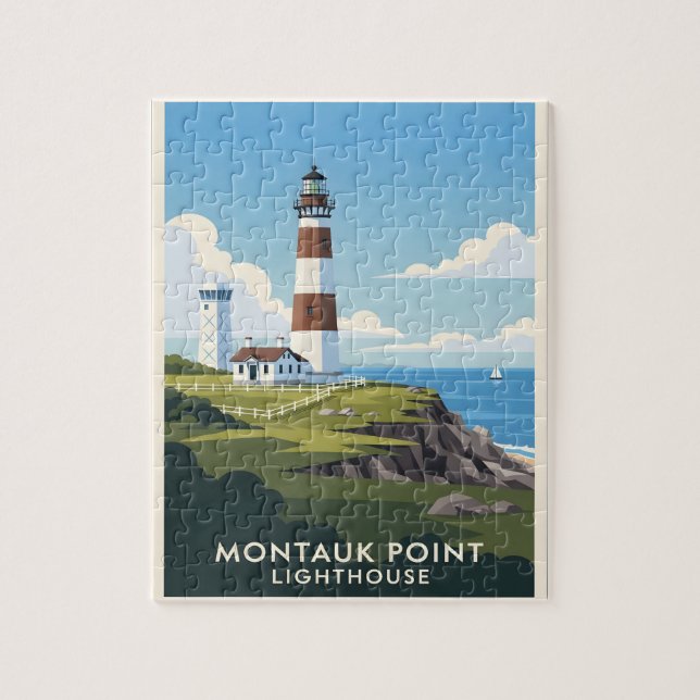 Montauk Point Lighthouse, Coastal Cliff & Sailboat Pussel (Vertikal)