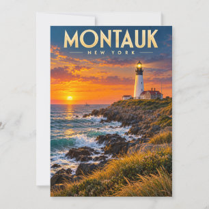 Montauk Point Lighthouse Solnedgång New York Tack Kort