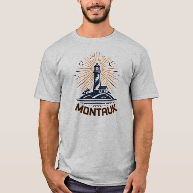 Montauk Point New York Lighthouse Sunrise T Shirt (Framsida)