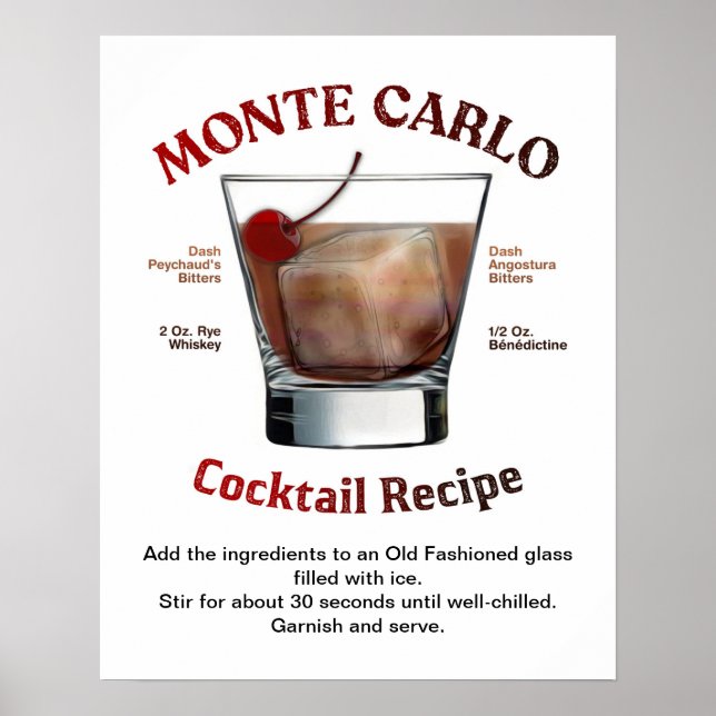 Monte Carlo Cocktail Recipe 16"X20" Poster (Framsidan)