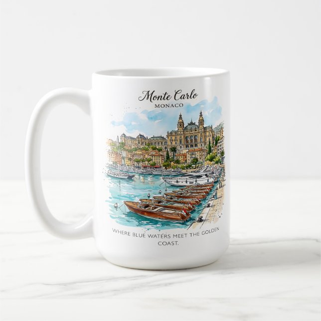 Monte Carlo Monaco Akvarell Yacht Hamn Kaffemugg (Vänster)