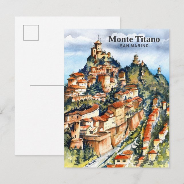 Monte Titano San Marino Akvarellmålning Resa Vykort (Fram/baksida)