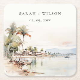Montego Bay Jamaica Akvarell Landskaps Bröllop Underlägg Papper Kvadrat