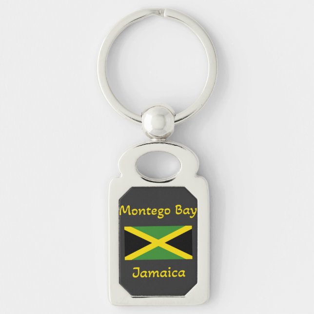 Montego Bay Jamaica - Jamaican Flagga Keychain Rektangulärt Silverfärgad Nyckelring (Framsidan)