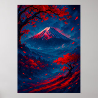 Montera Fuji med Red Blommars Fantasy Japanska Poster