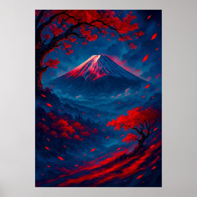 Montera Fuji med Red Blommars Fantasy Japanska Poster (Framsidan)