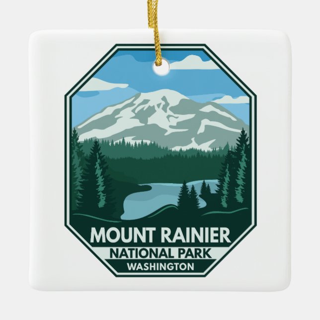 Montera Rainier National Park Minimal Retro Emblem Julgransprydnad Keramik (Framsida)