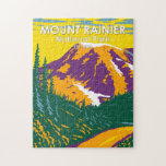 Montera Rainier nationalpark Washington Retro Pussel<br><div class="desc">Montera Rainier-vektorteckningens design. Parken omges av dalar,  vattenfall och subalpina ängar.</div>