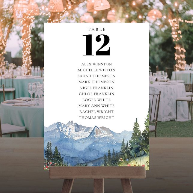 Monteringsdiagram för vattenfärg, Bordsnummer (Watercolor Mountain Table Number Seating Chart)