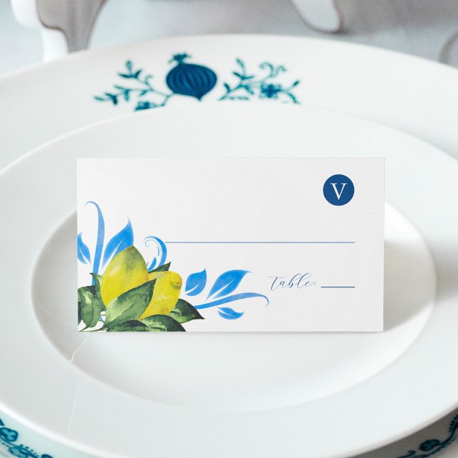 Monteringskort för bottenfärg för Lemon Bröllop Bo Placeringskort (Wedding place cards with meal choice watercolor lemons with blue and green botanicals)