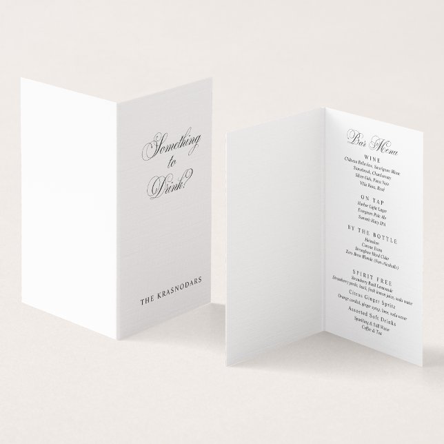 Monteringskort för elegant i skript Bröllop Pub Kort (Elegant Script Wedding Bar Menu Place Card)