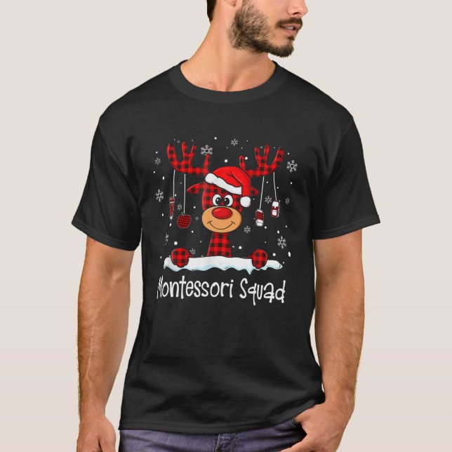 Montessori Squad Play Reindeer Santa Hat Teacher T Shirt (Framsida)