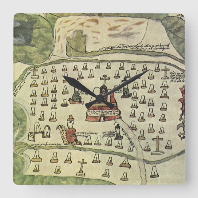 Montezumas aztekiska imperium, antika världskartan fyrkantig klocka (Framsida)