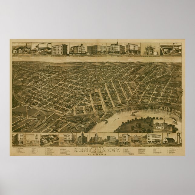 Montgomery Alabama 1887 Antique Panoramic Karta Poster (Framsidan)