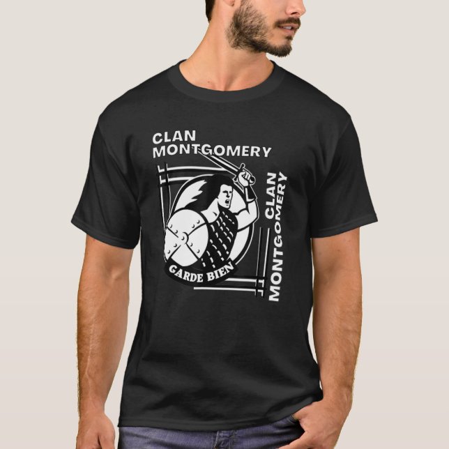 Montgomery Klan Gaelic Motto Swordsman T Shirt (Framsida)