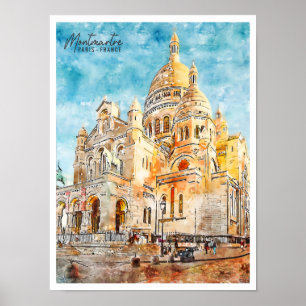 Montmartre Frankrike vintage resor akvarell Poster