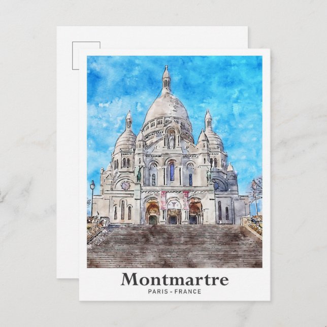 Montmartre Paris Frankrike Travel Watercolor Vykort (Fram/baksida)