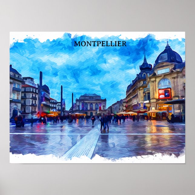 Montpellier France Place de la Comédie View Poster (Framsidan)