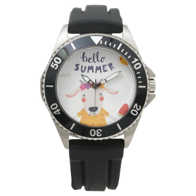Montre Hello summer acier inoxydabl caoutchou noir Armbandsur (Framsida)