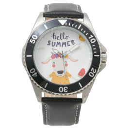 Montre Hello summer acier inoxydable cuir noir Armbandsur