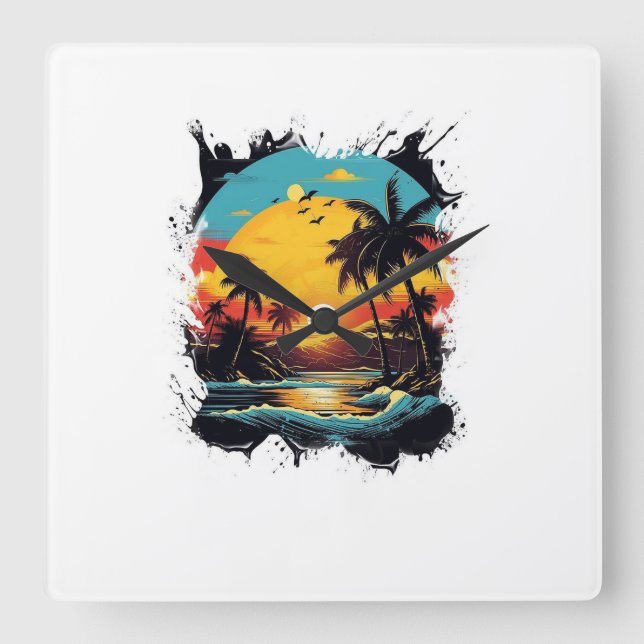 Montre Murale Coucher de Soleil Tropical  Fyrkantig Klocka (Framsida)