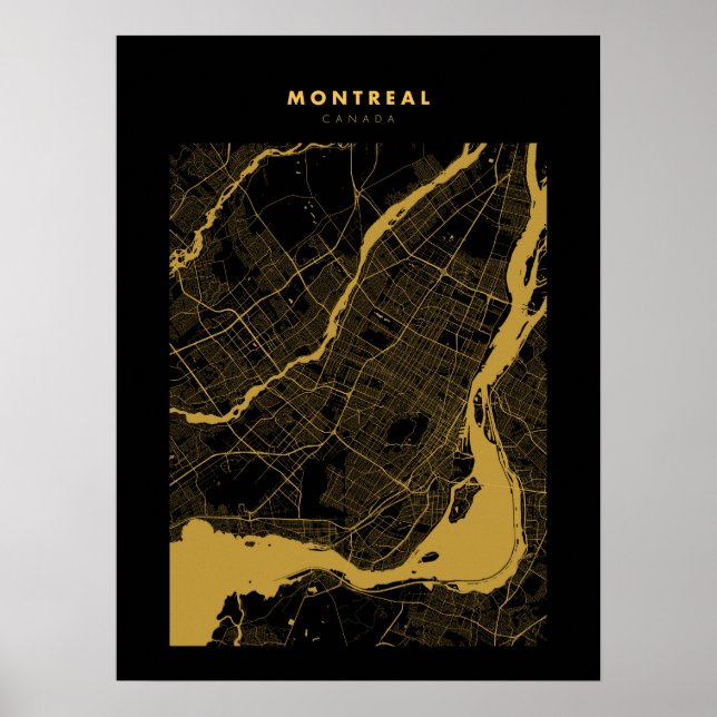 Montreal - Kanada Mörk Guld City Karta Poster (Framsidan)
