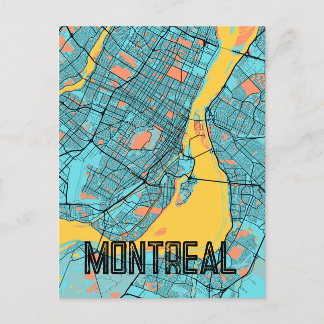 Montreal QC Canada City Karta Teal Postcard Vykort (Framsida)