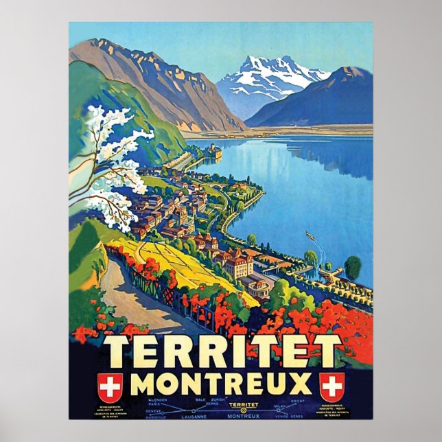 Montreux, Areal view, berg, sjö, Schweiz Poster (Framsidan)