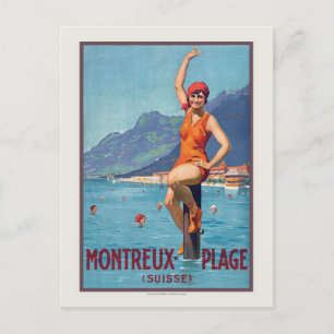 Montreux Plage Suisse Vintage affisch ca. 1920 Vykort