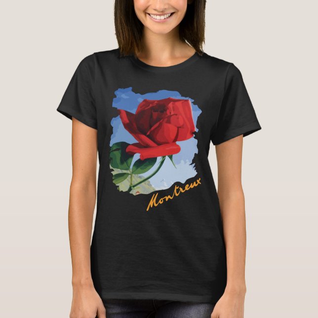 Montreux Schweiz Röd Ros Blå Resa T Shirt (Framsida)