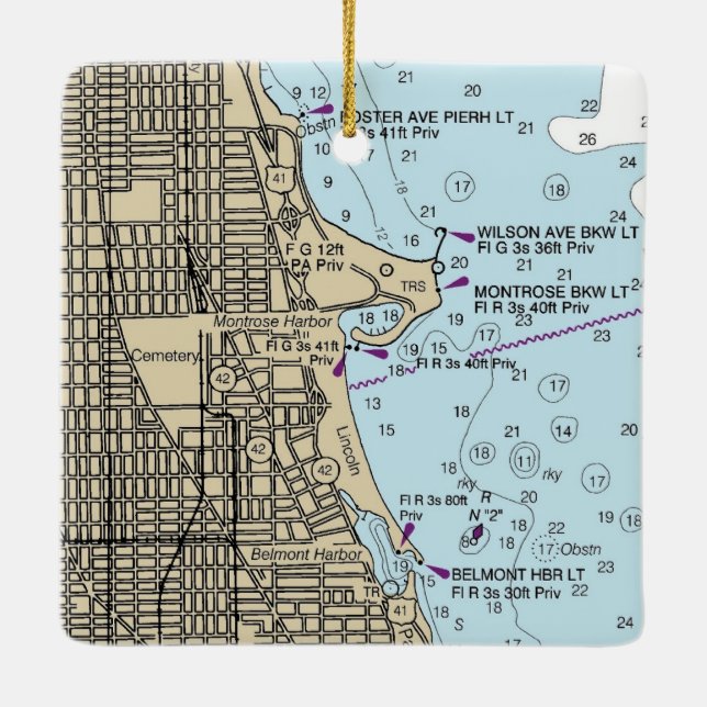 Montrose Harbour Chicago Lakefront Chart Julgransprydnad Keramik (Baksida)