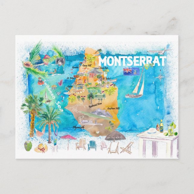 Montserrat Antillerna Illustrerad Karibisk Resa Vykort (Framsida)
