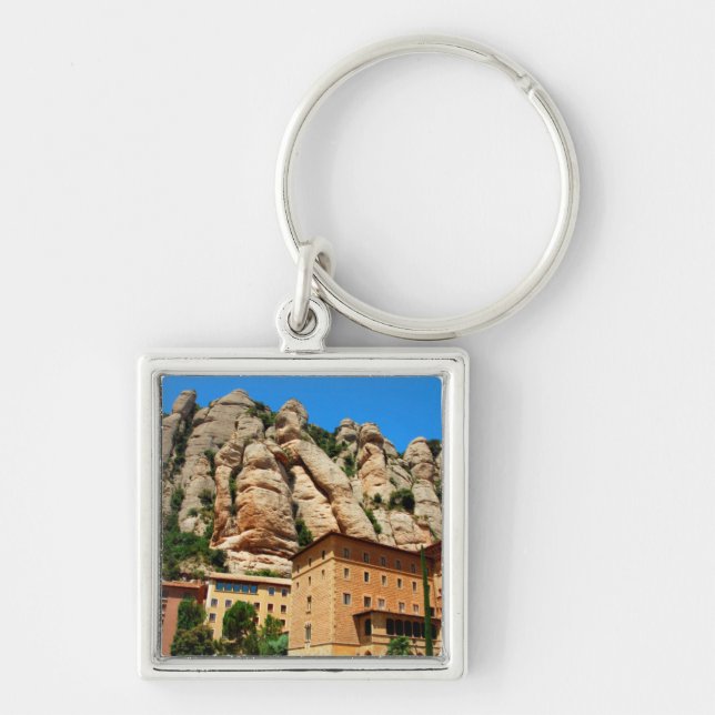 Montserrat Monastery, Katalonien, Spanien Fyrkantig Silverfärgad Nyckelring (Framsidan)