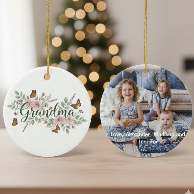 Monungfjäril Blommig Mormor Foto Julgransprydnad Keramik (Floral grandma photo ornament)