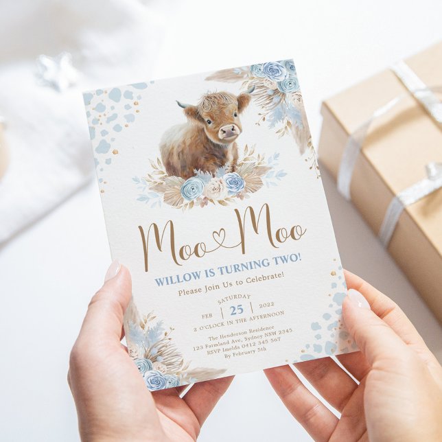 Moo Boho Pampas Blue Highland Cow 2:a födelsedagen Inbjudningar (Skapare uppladdad)
